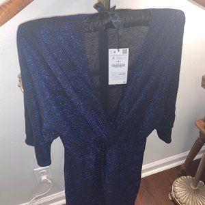 Blue glittery deep V midi dress